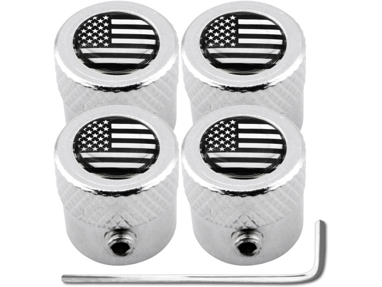 4 bouchons de valve antivol drapeau Am&eacute;ricain Etats-Unis USA noir & chrome "stri&eacute;"